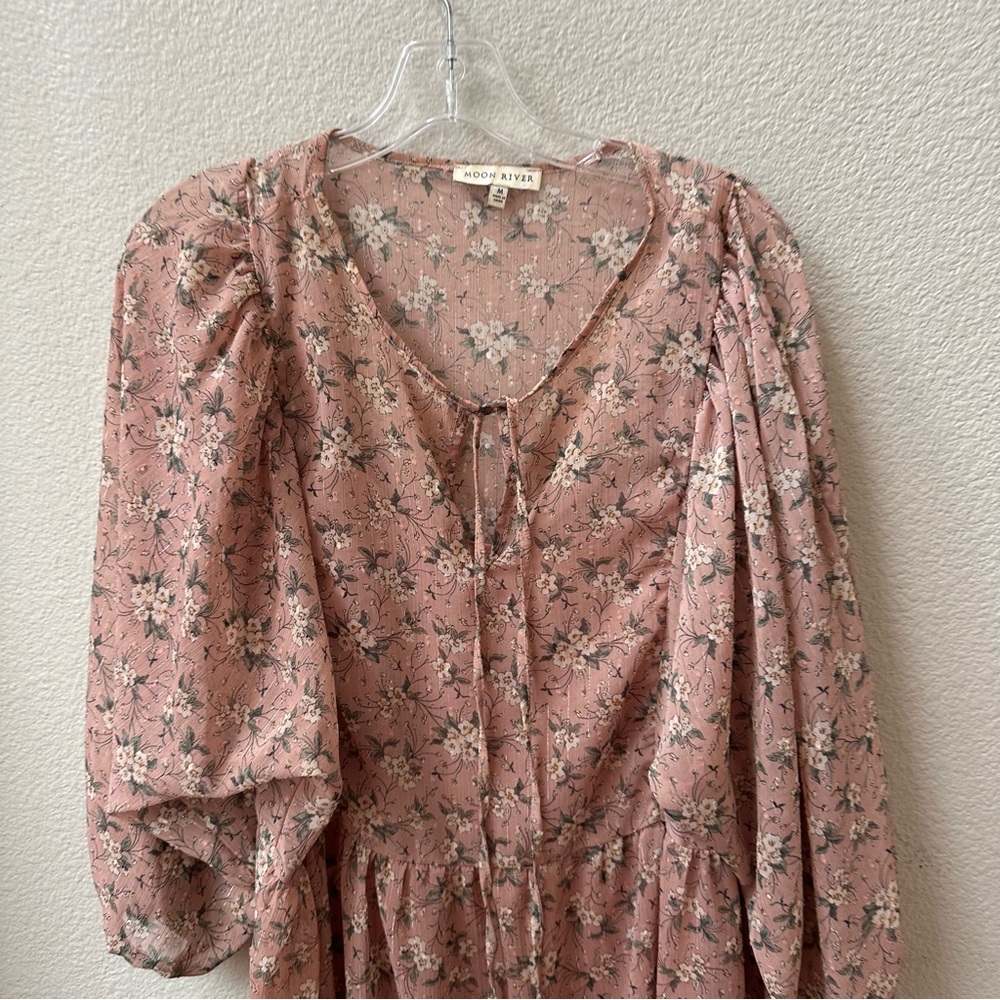 Moon River pink dainty floral long sleeve mini dress women’s M - Picture 4 of 6